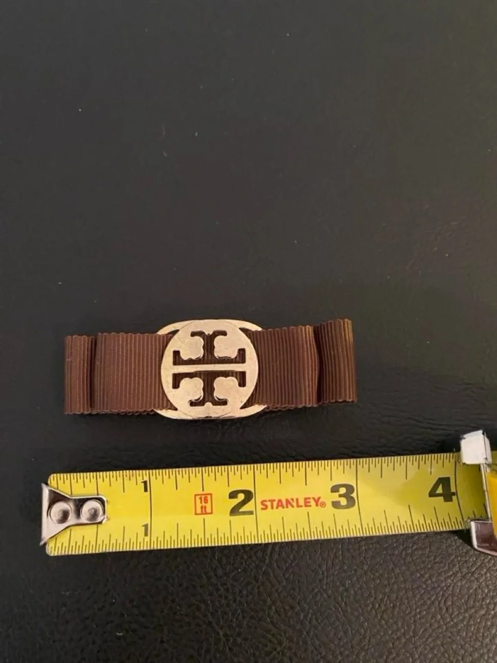 Tory Burch Brown Ribbon Hair Clip with Gold Logo